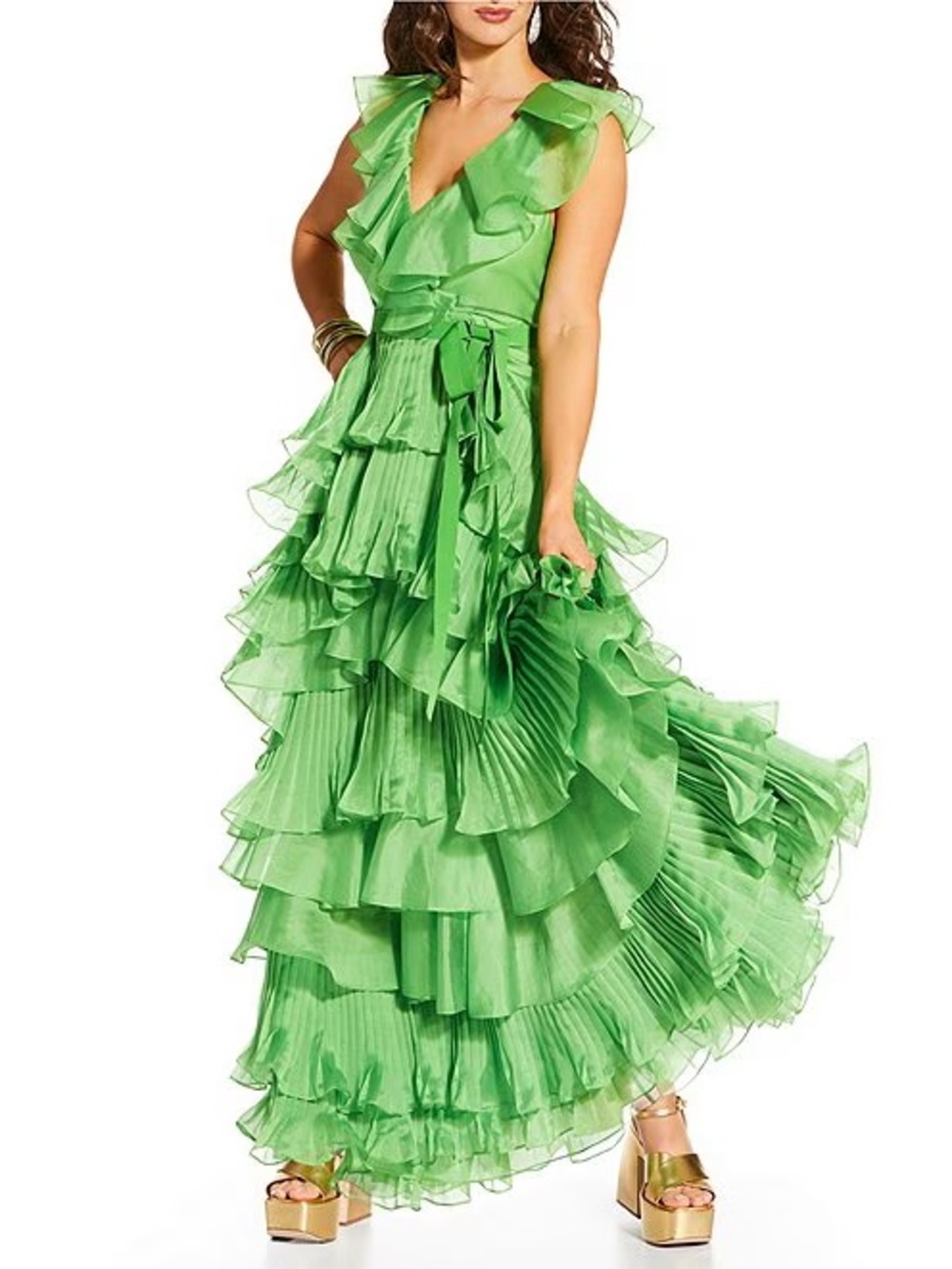 ANTONIO MELANI Bright Green Ruffled Tiered Maxi Dress - Picture 8 of 9